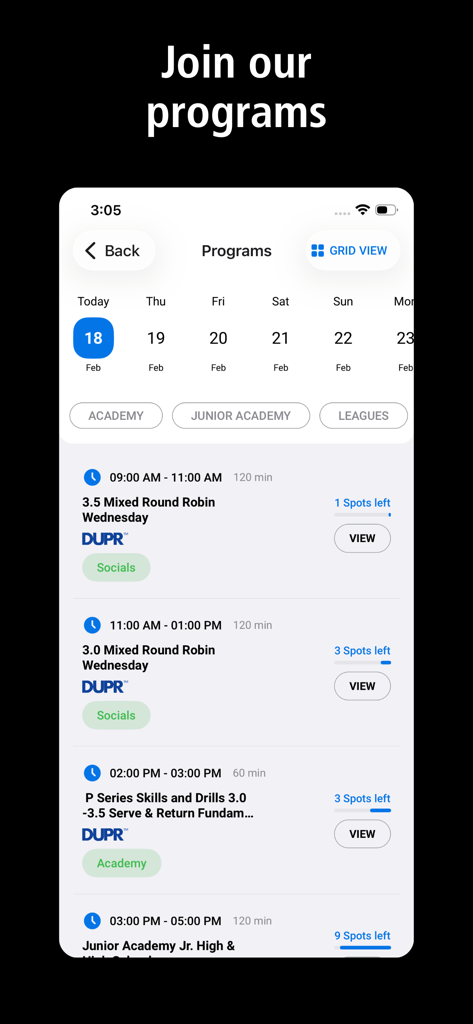 The Picklr app interface displaying a schedule of available pickleball programs and skill drills