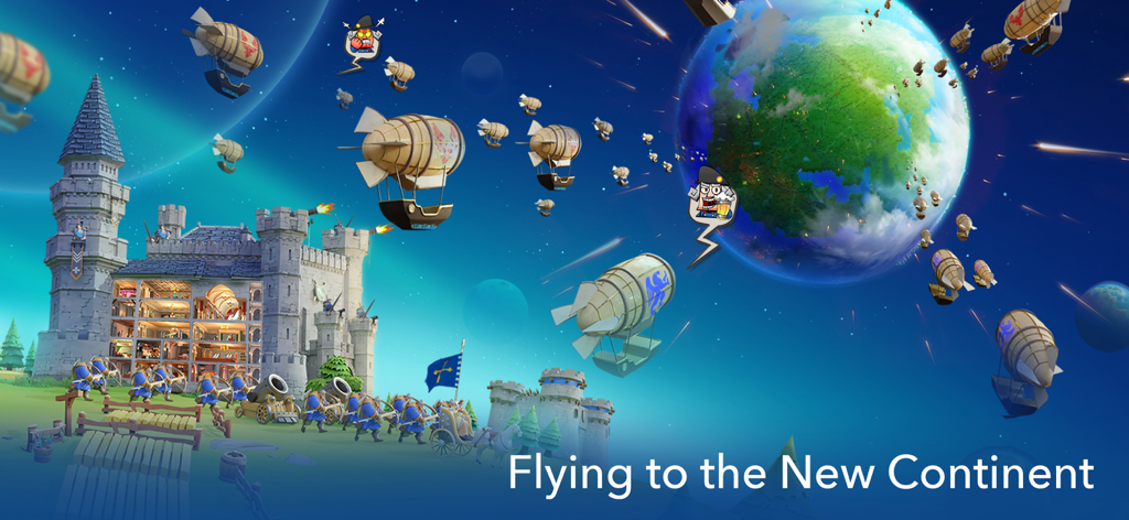 Castle Empire - Castle Empire airships flying from a medieval castle toward a new world