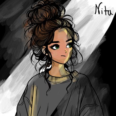 realistic girl with messy bun and oversized clothing