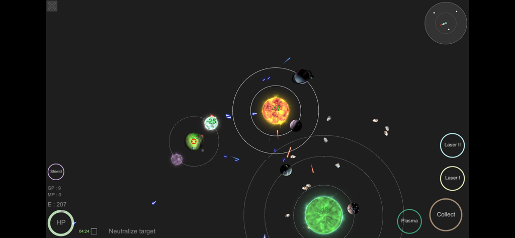 A gameplay screenshot of mySolar showing planets orbiting stars and space combat mechanics with lasers