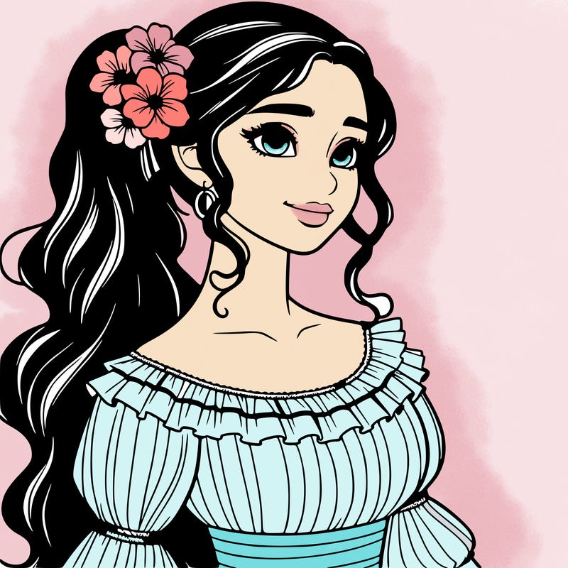 a single latina woman with a side ponytail and a long dress with ruffles. she has a few discreet flowers in her hair. realistic