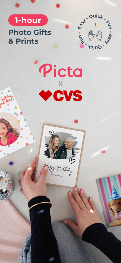 Picta x CVS Photo - Picta and CVS Photo app showcasing 1-hour photo prints and personalized birthday cards