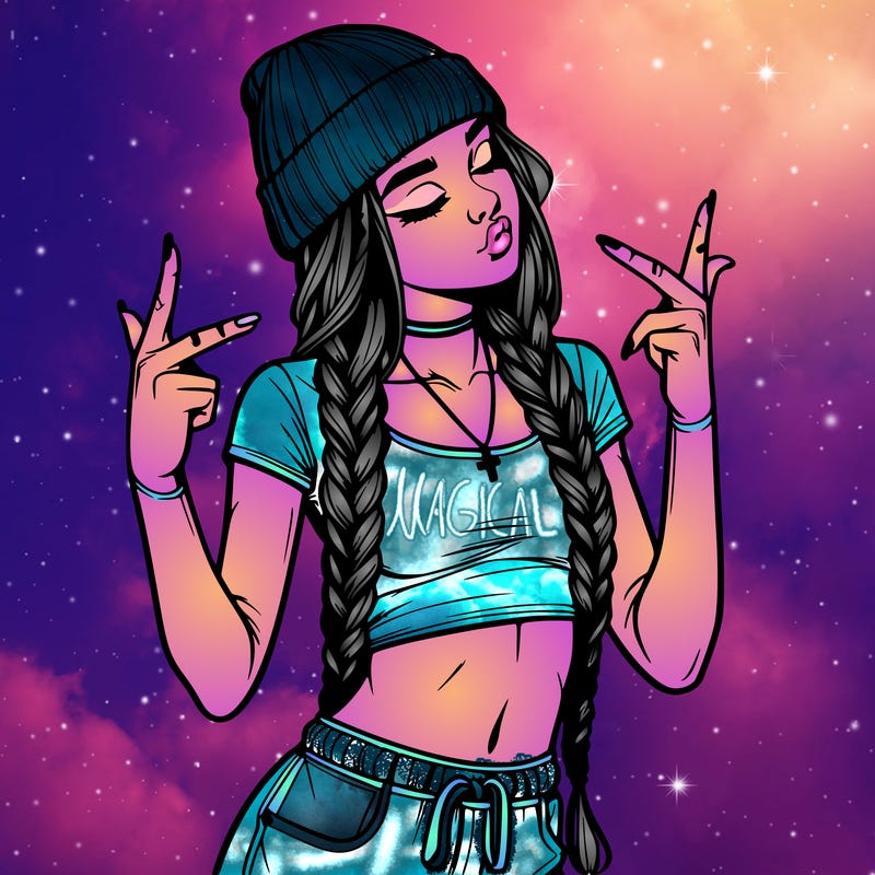 realistic teenage girl with braids and a beanie and crop top doing 🫶🏼