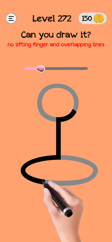 Una captura de pantalla de un juego móvil de Braindom que muestra un nivel donde el jugador debe dibujar una forma compleja sin levantar el dedo ni superponer líneas.