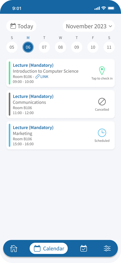 SEAtS Mobile app daily calendar view displaying student lectures with room locations and attendance check in status