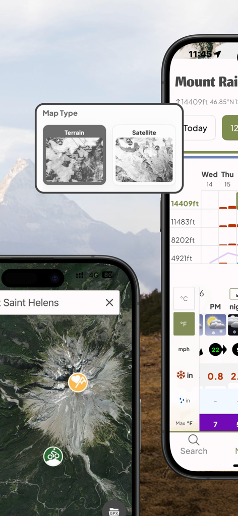 Mountain-Forecast.com - Interfaccia dell'app Mountain Forecast che mostra mappe satellitari e dati meteo per altitudine