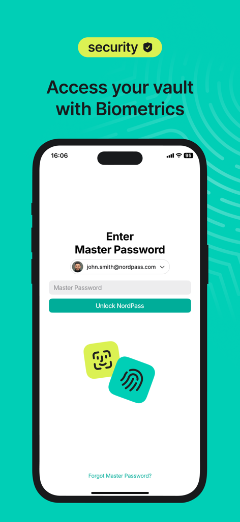 NordPass: Password Manager - NordPassアプリのログイン画面。Face IDと指紋の生体認証ログインオプションを表示しています。