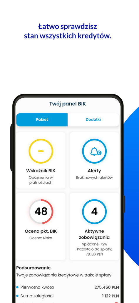 Mój BIK - bezpieczne finanse - Mój BIK app dashboard displaying credit score and active loan summary