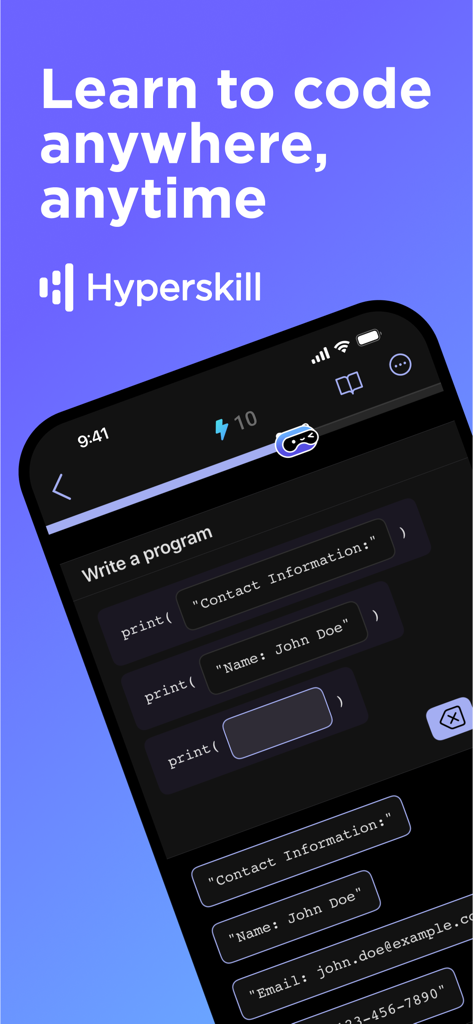 Hyperskill: Learn to Code - Hyperskill app interface showing a mobile coding lesson with the headline Learn to code anywhere anytime