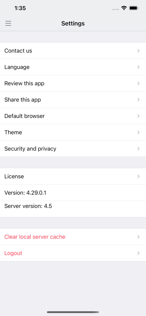 MaxChat - Settings screen of the MaxChat corporate messenger app featuring options for security, language, and privacy.