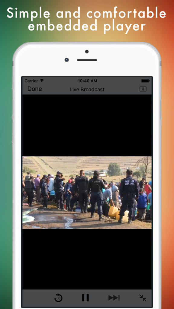 An iPhone screen showing a live Mexican television broadcast within a simple embedded video player interface.
