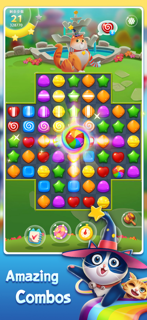Candy Cat mobile game screenshot showing a match 3 puzzle with a colorful rainbow combo effect and cute kittens.