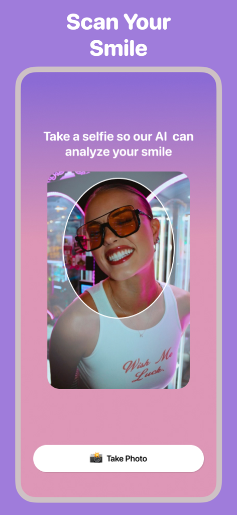 Gleam - Perfect Your Smile - Gleam App-Oberfläche, die die Lächelspeicherfunktion für KI-Analyse zeigt
