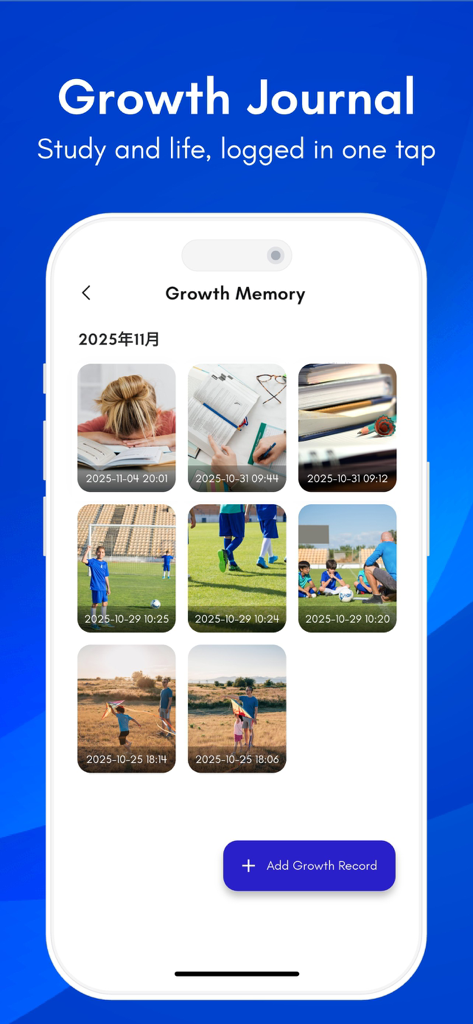 Lumina: Storage Manager - Screenshot of the Lumina Storage Manager app displaying the Growth Journal feature with a grid of organized study and life photos