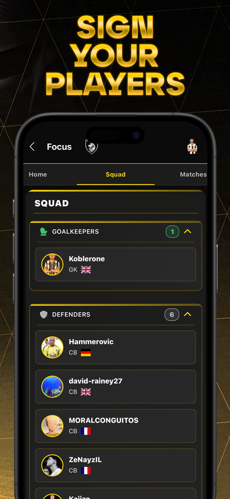 Virtual Pro Gaming - Virtual Pro Gaming mobile app screen showing the squad management feature with a list of players
