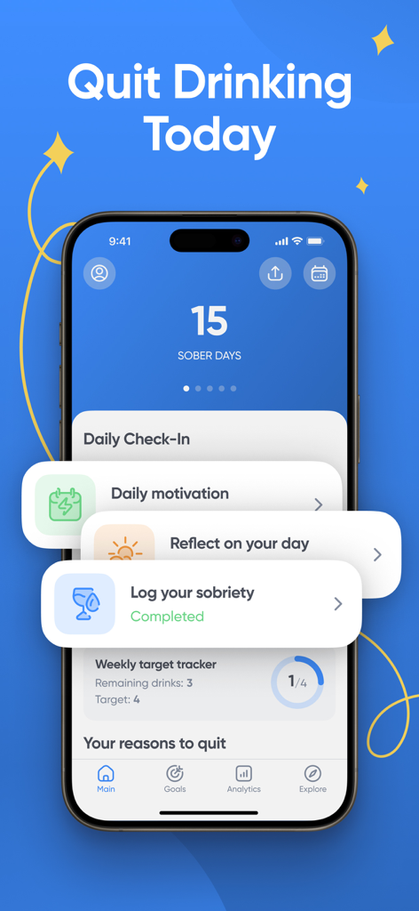 Sober Day - Sobriety Counter - Sober Day app interface showing 15 sober days and daily check in tasks