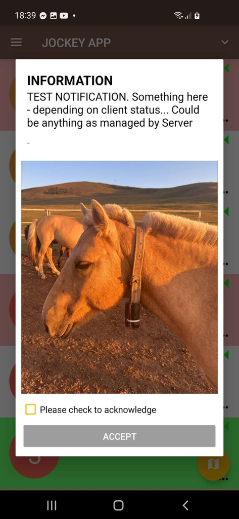 Jockey APP - Information popup in the Jockey APP showing a horse wearing a satellite tracking collar on a ranch
