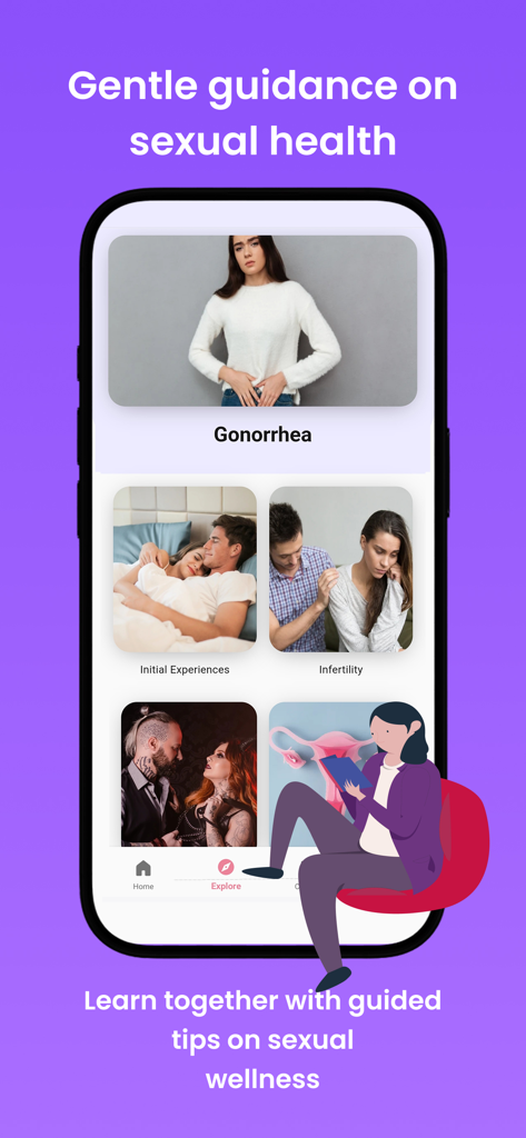 Pleasure: Sexual Wellbeing - Captura de pantalla de la aplicación Placer que muestra módulos de video educativos sobre temas de salud sexual que incluyen gonorrea e infertilidad con un fondo morado.