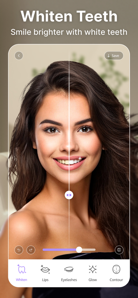 Before and after comparison of the teeth whitening feature in the BeautyUp app