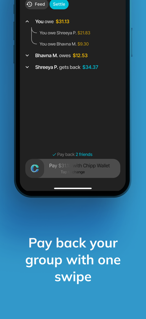 Chipp - A mobile screen from the Chipp app showing the settle feature to pay back group members with a single swipe