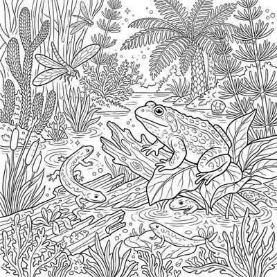 Unleash your creativity with this detailed coloring page featuring ancient amphibians in their natural prehistoric swamp habitat. Discover frogs, salamanders, and dragonflies amidst lush aquatic flora, ready for your artistic touch.