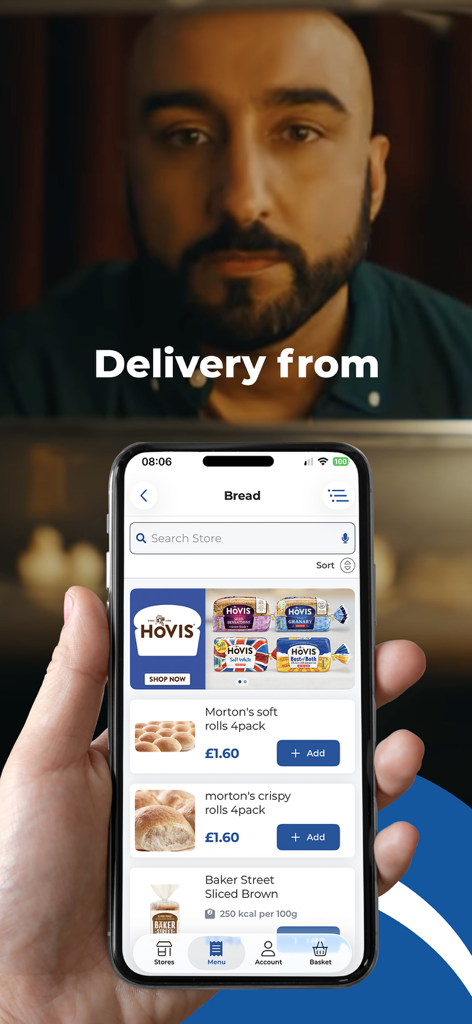 SnappyShopper Grocery Delivery - A person holding a phone showing the SnappyShopper app interface for ordering fresh bread from local stores
