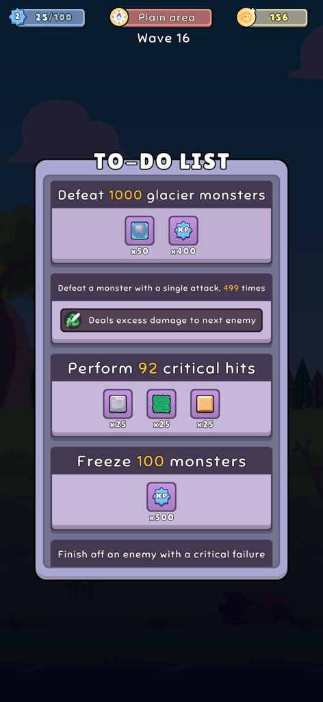 Der To-Do-Listen-Bildschirm in Pause Game, der verschiedene Monsterjagd-Quests und Belohnungen zeigt