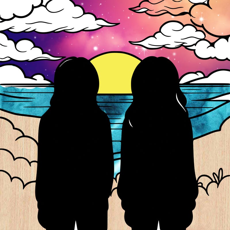 two girls facing backwards staring at the sunset