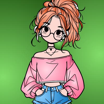 girl with a messy ponytail glasses a baggy crop top and jean shorts