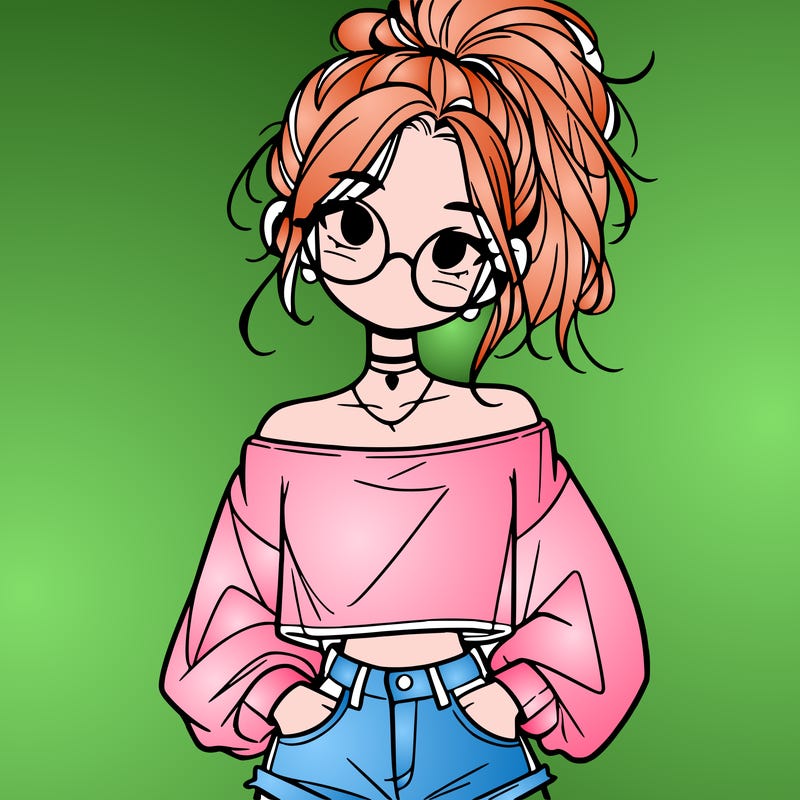 girl with a messy ponytail glasses a baggy crop top and jean shorts