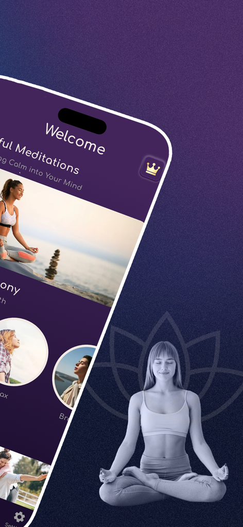 Meditation - Relax & Sleep - iPhone display of the Meditation Relax and Sleep app welcome screen featuring mindful meditation video tutorials and a woman in a lotus pose