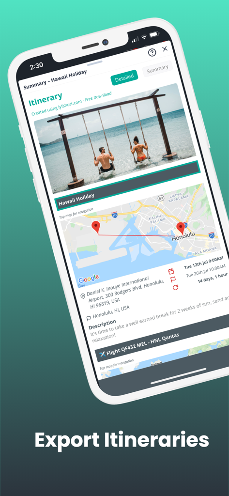 A smartphone displaying a detailed Hawaii holiday itinerary with a map and flight information in the Lyfshort app