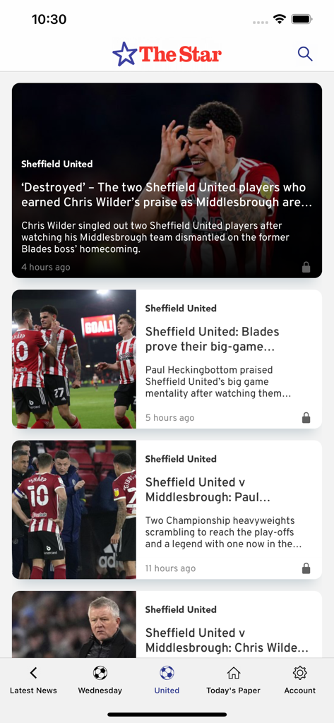 The Sheffield Star Newspaper - La aplicación Sheffield Star que muestra un feed de noticias de fútbol local para Sheffield United
