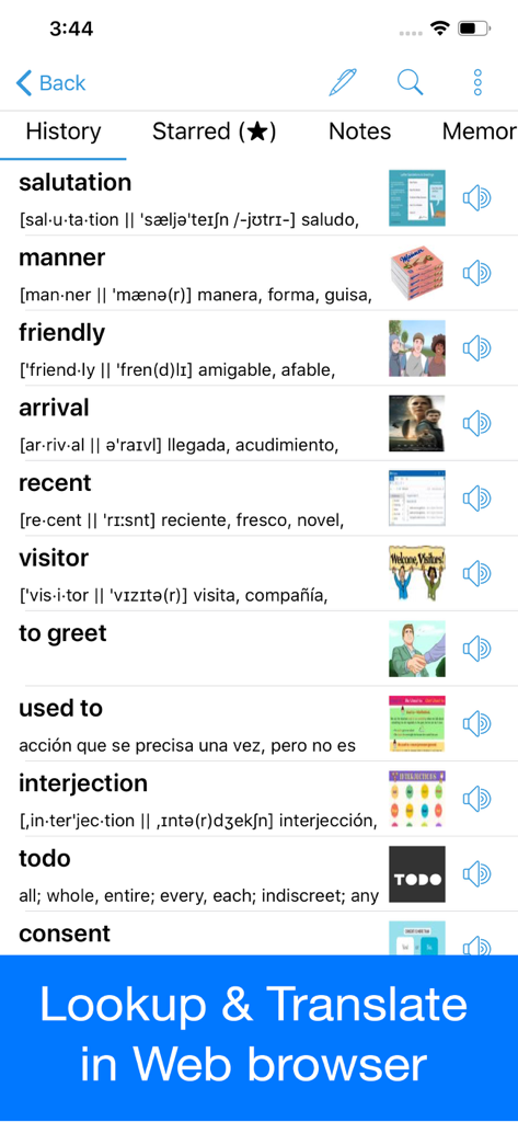Spanish Dictionary - Dict Box - A screenshot of the Spanish Dictionary app showing a history list of translated words with images, pronunciations, and a browser lookup banner.