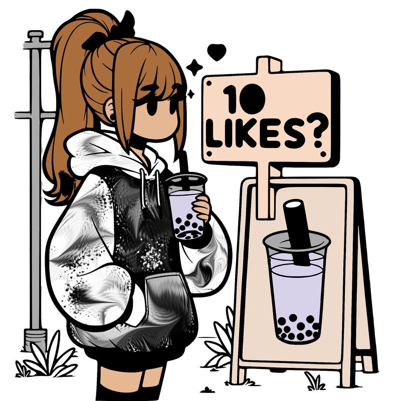girl with oversized hoodie drinking boba and she has a high ponytail with a sign that says 10likes?