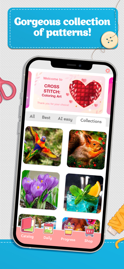 Cross Stitch Coloring Art - Mobile screen showing a catalog of various colorful cross stitch patterns like birds squirrel and flowers