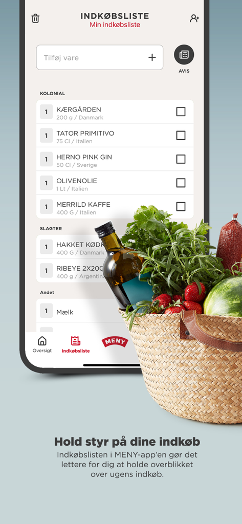MENY Danmark - MENY Danmarkアプリのデジタルショッピングリスト機能。新鮮な食料品のバスケットの隣に表示されています。