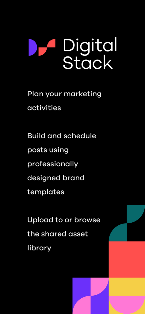 Digital Stack app intro screen detailing marketing planning, scheduling, and asset library features.