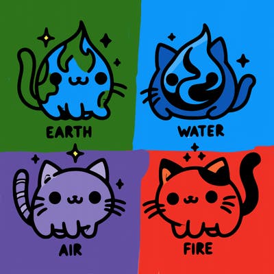 4 cats that represent the different elements, earth, water, air, and fire
