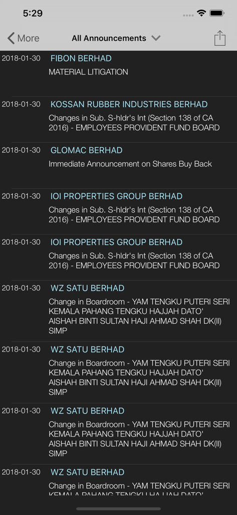KLSE Screener - Screenshot of the KLSE Screener app displaying a list of corporate announcements for Malaysian stocks.