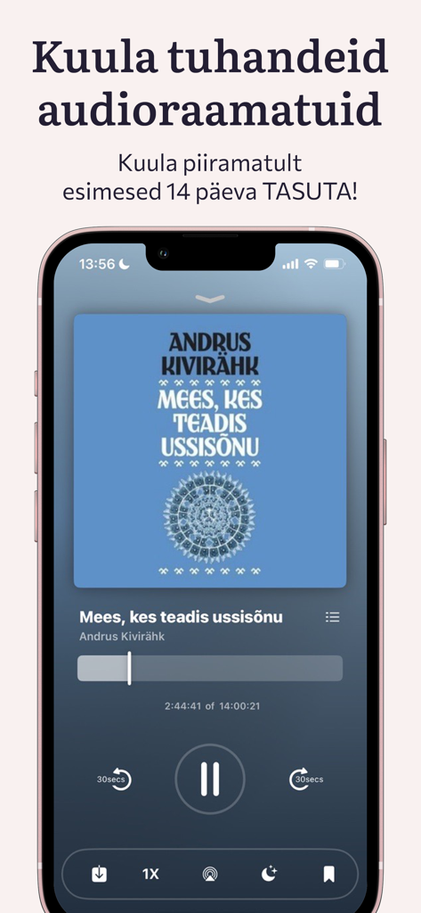 Rahva Raamat - Rahva Raamat app audiobook player interface showing an Estonian book title and a fourteen day free trial promotion