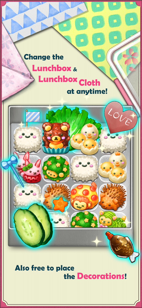 Fluffy and Soft! Cute Lunchbox - Game screen showing cute animal shaped food tiles and bento box decoration features