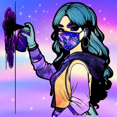 realistic girl with mask spray painting a wall