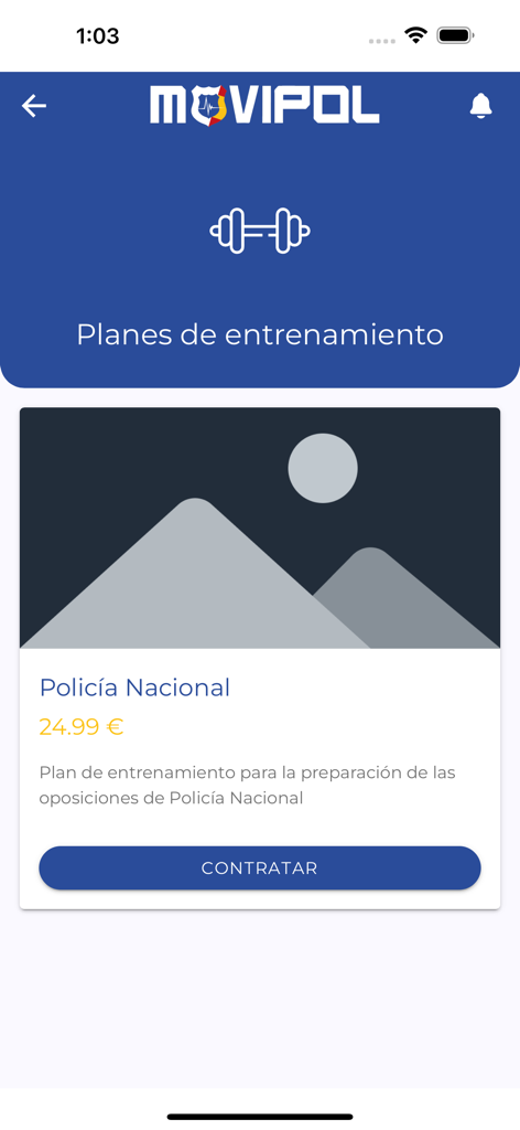 Movipol app interface showing the training plan selection for Spanish National Police candidates