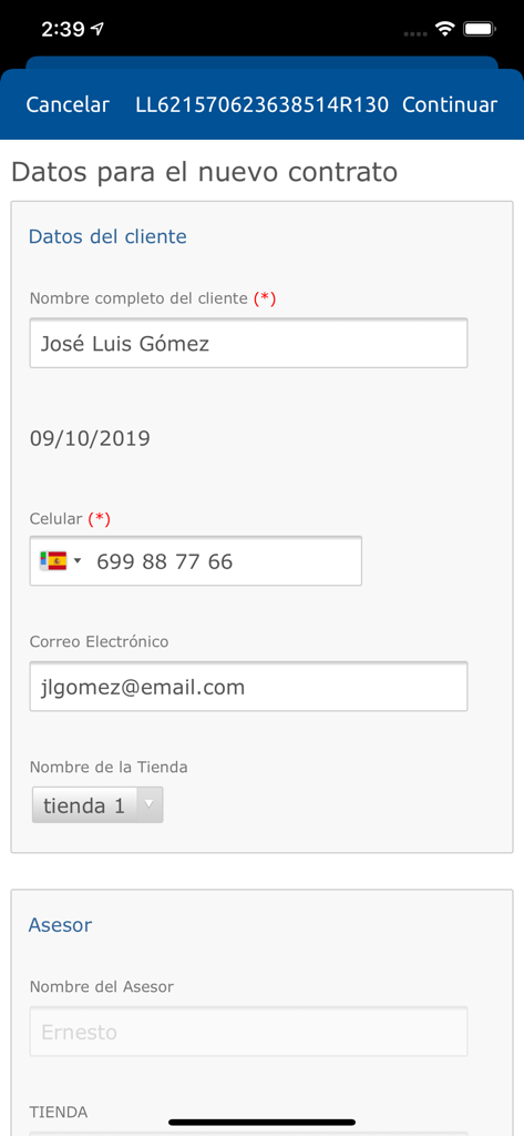 A screen from the Viafirma Documents app showing a digital contract form with fields for client name, phone number, and email