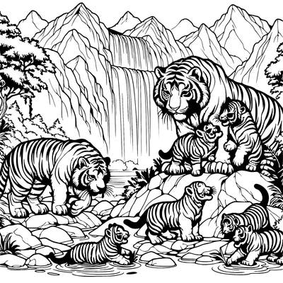 a huge mummy tiger and a little baby tiger standing on a mountain next to its mum and other ones that are tigers with a waterfall in the background one is drinking it and the others are playing around and tackling each other and the old ones like the mummy and daddy are sitting down on a rock