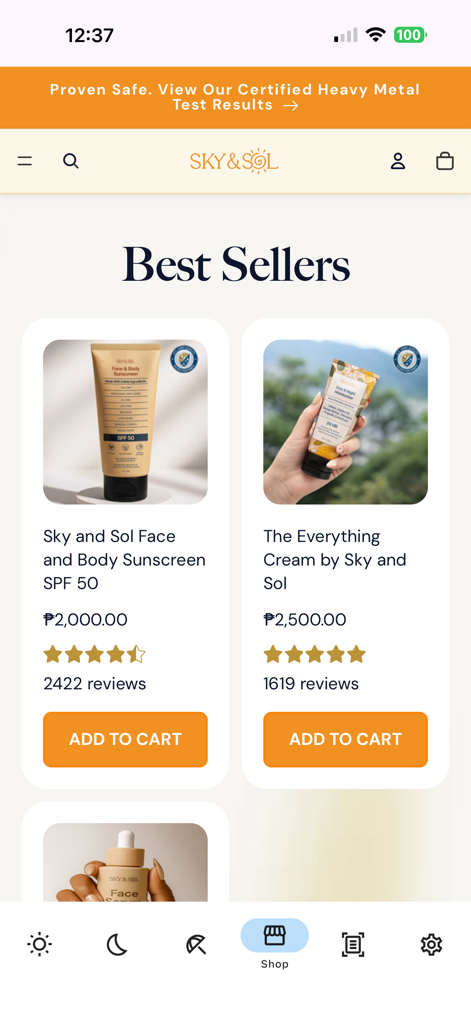 Interface da loja do aplicativo Sky and Sol exibindo os protetores solares e produtos de skincare mais vendidos