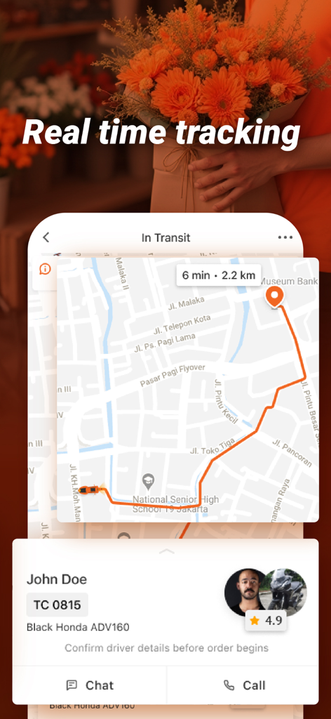 Lalamove app interface showing real-time tracking of a delivery on a map with driver information and estimated arrival time.
