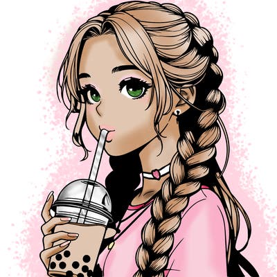 realistic girl with braided hair drinking boba