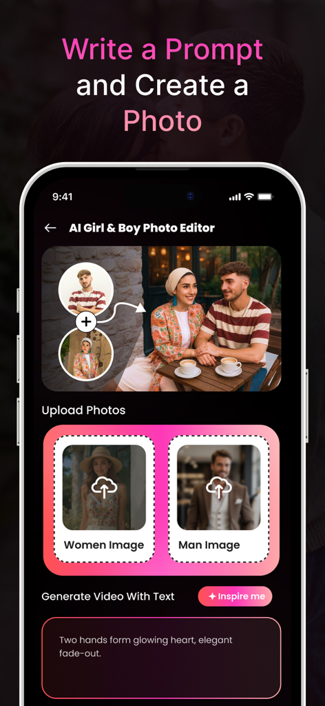 AI Couple Photo Generator - Oberfläche der AI Couple Photo Generator App, die zeigt, wie einzelne Fotos hochgeladen und ein Prompt eingegeben werden, um ein kombiniertes romantisches Bild zu erstellen.